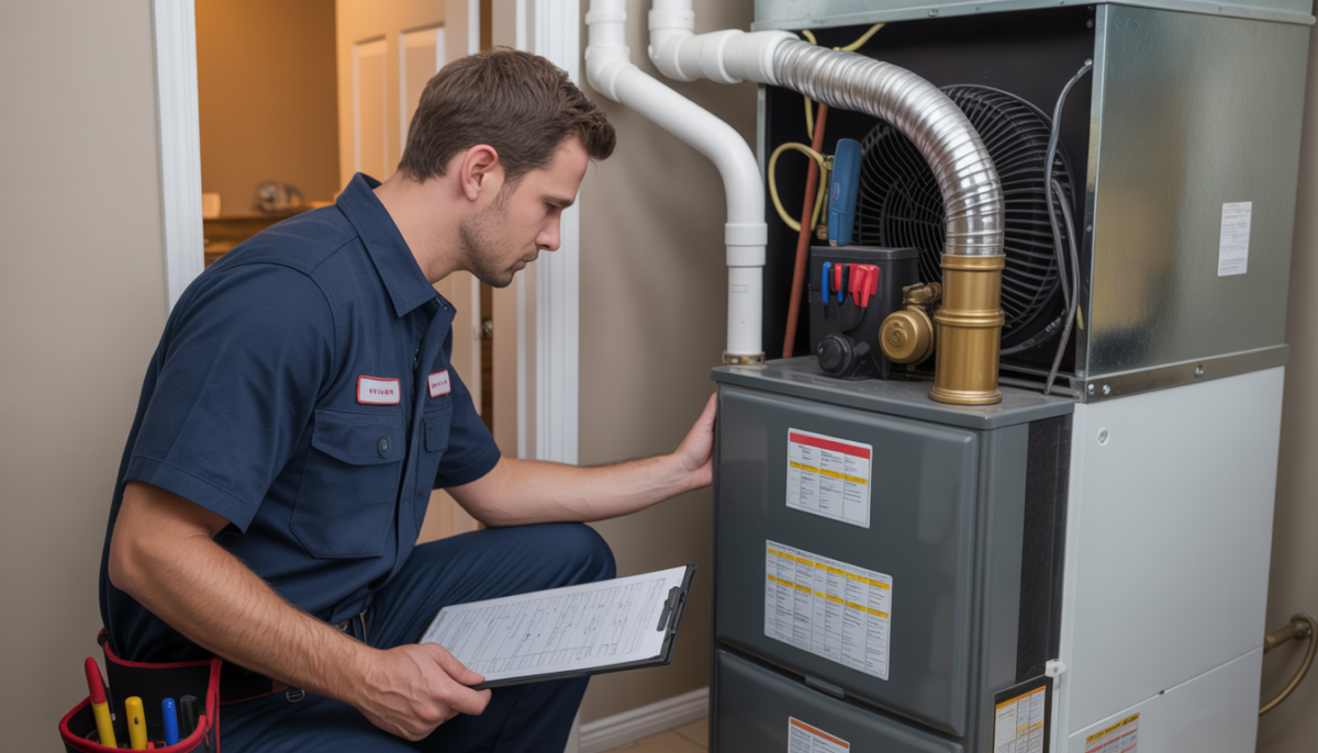 An HVAC technician inspecting a central furnace unit inside a home, emphasizing maintenance and repair.