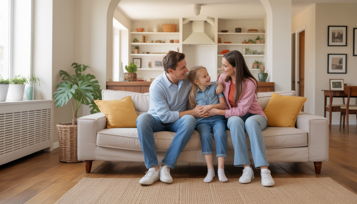 Family relaxing in a living room with a visible central HVAC vent, symbolizing comfort.