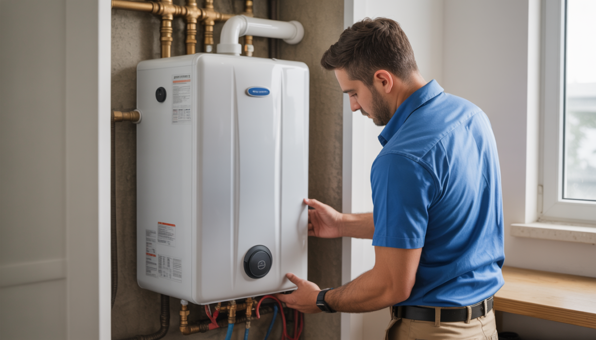 A technician installing a tankless water heater in a modern home utility room.