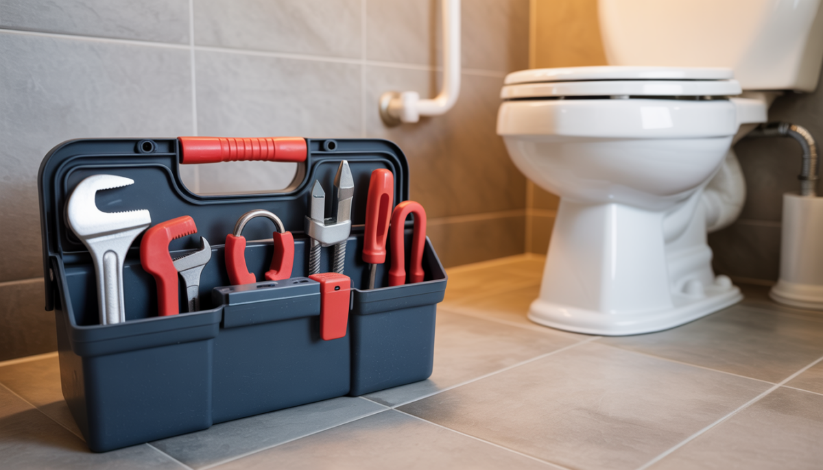 A toolbox with plumbing tools on a bathroom floor, representing preparedness and professionalism.