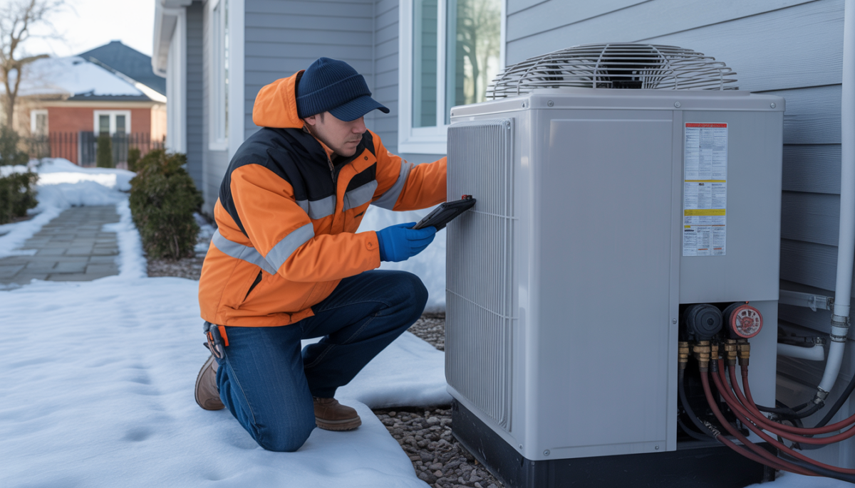 HVAC technician inspecting a central heating unit outside a home during winter.