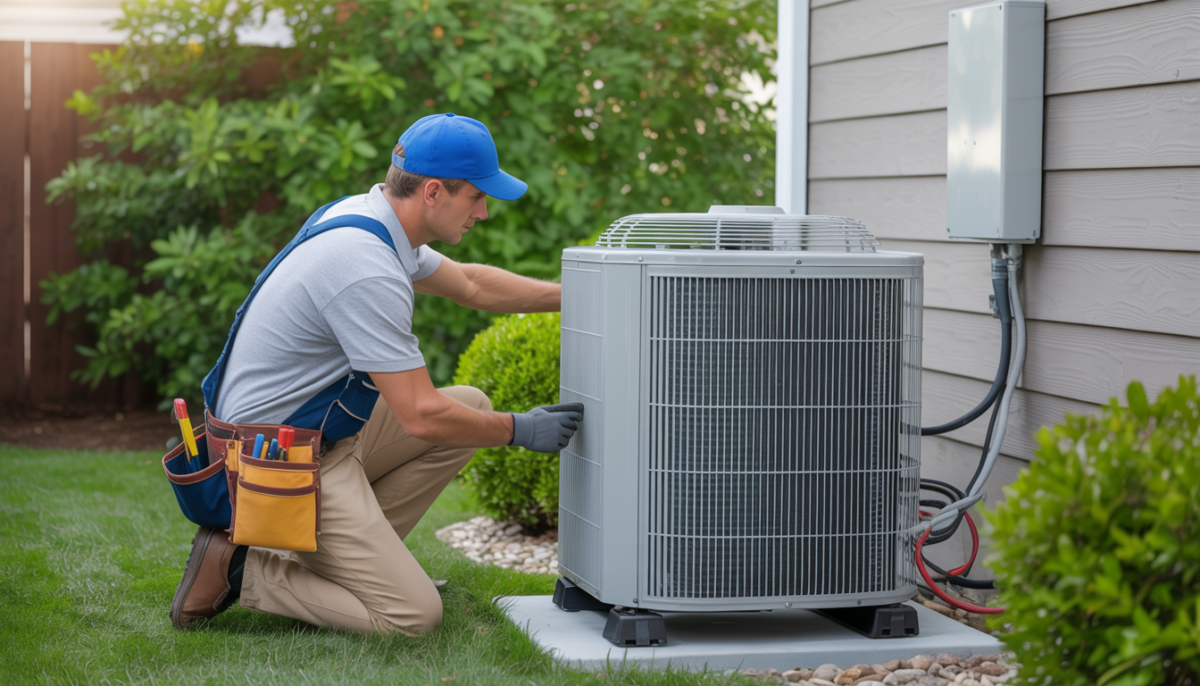 HVAC technician installing a central air conditioning unit outside a suburban home.