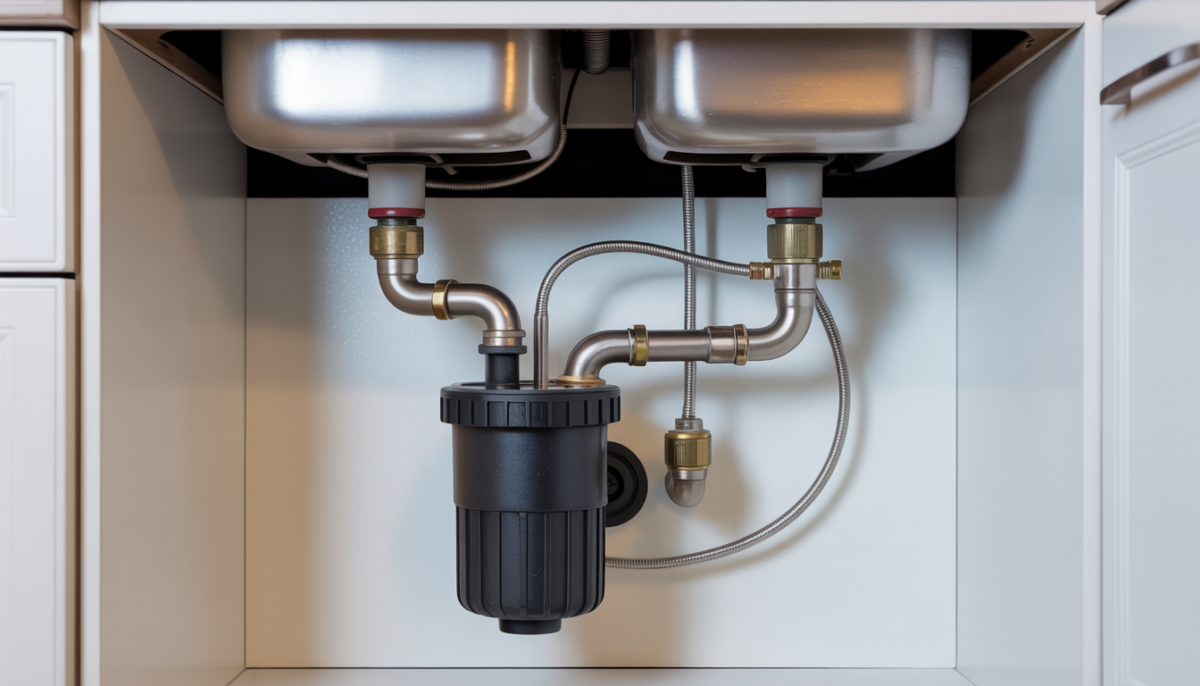 Close-up of a garbage disposal unit and plumbing under a kitchen sink.