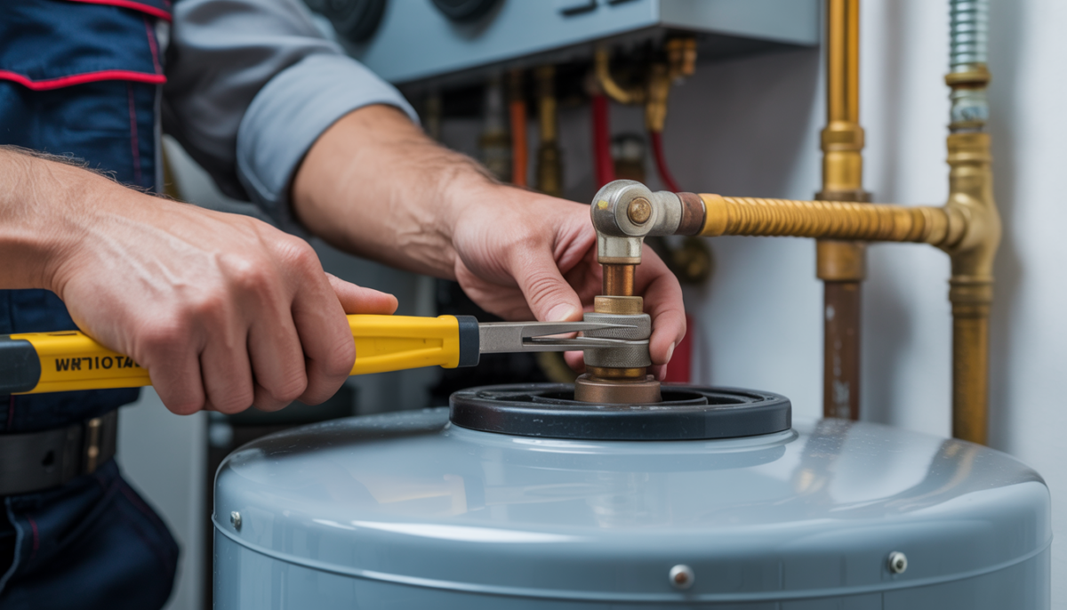 Technician's hands using tools on a water heater, emphasizing safety and precision in maintenance.