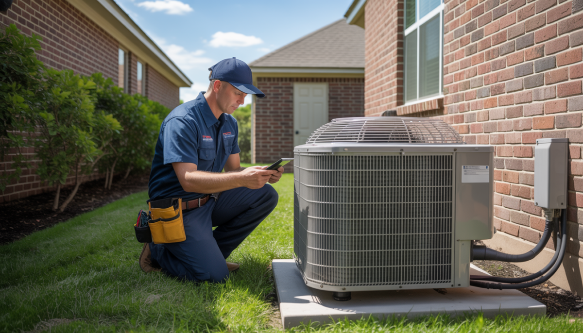 HVAC technician inspecting an outdoor central air conditioning unit in a Texas backyard.