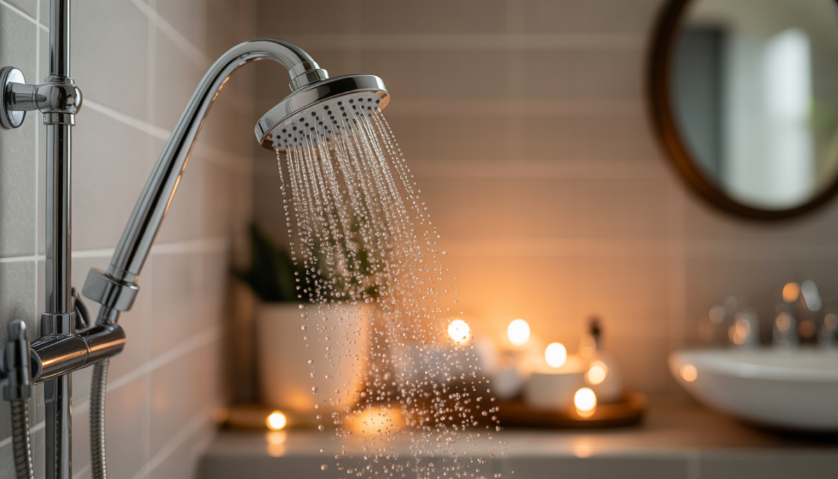 A steaming showerhead in a cozy bathroom.