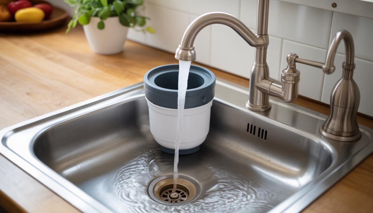 Water flowing smoothly down a kitchen sink with a visible garbage disposal unit.