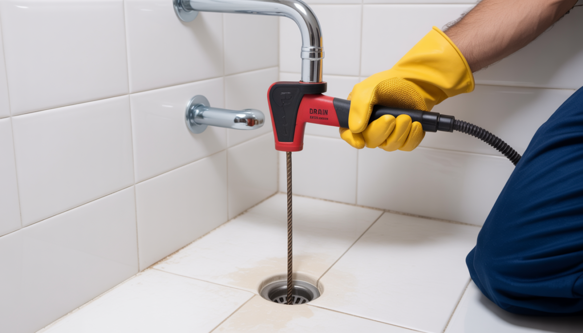 A plumber using a drain snake to clear a shower drain, emphasizing the tools and method.