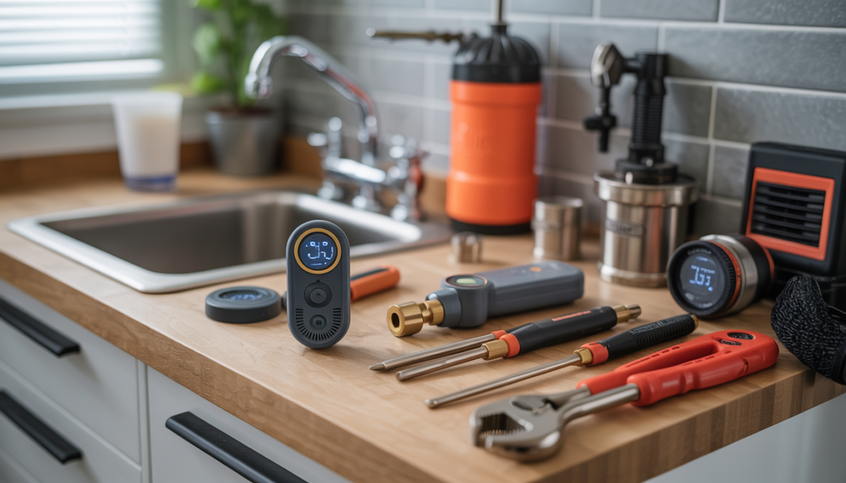Modern plumbing tools and smart leak detectors on a workbench, demonstrating technological integration.
