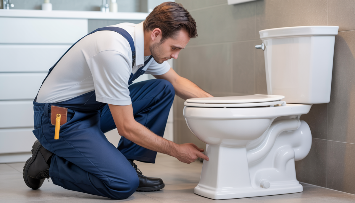 A plumber inspecting the base of a toilet in a modern bathroom.