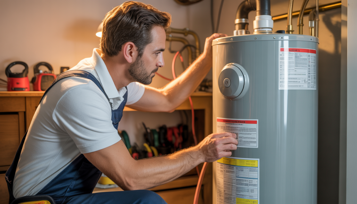 An HVAC technician inspecting an electric water heater in a home's utility room, highlighting expertise and reliability.