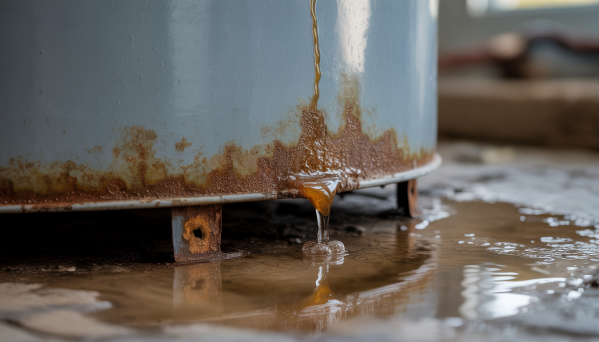 Hot water tank with corrosion and water pooling at the base.