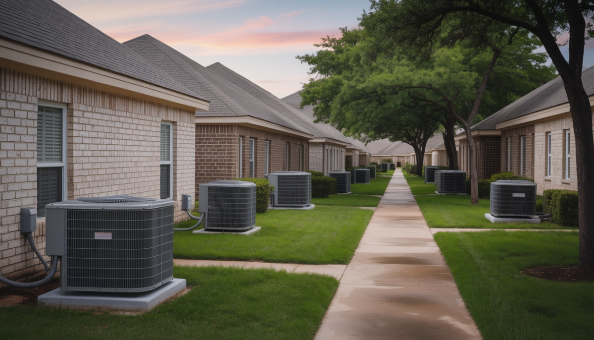 A residential neighborhood in Texas with homes featuring central air conditioning units.