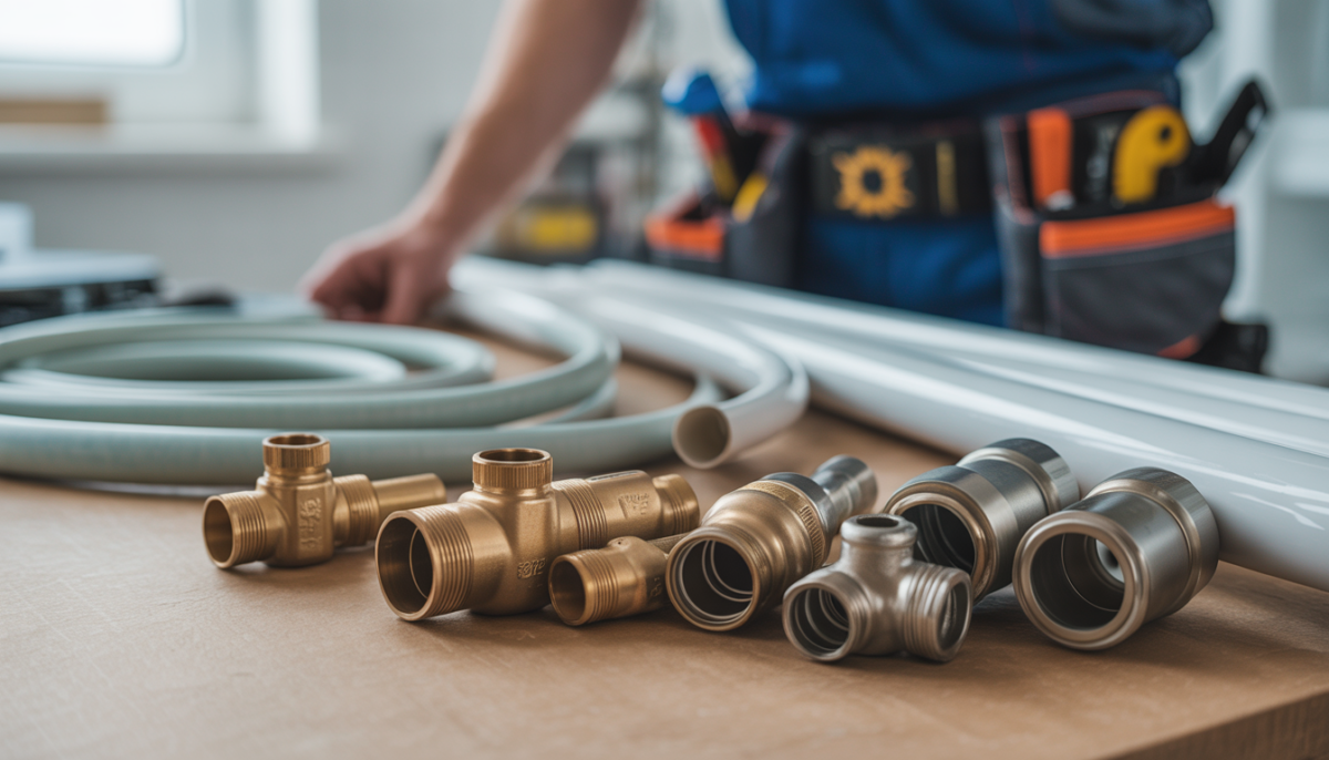 A technician selecting eco-friendly plumbing materials on a workbench.