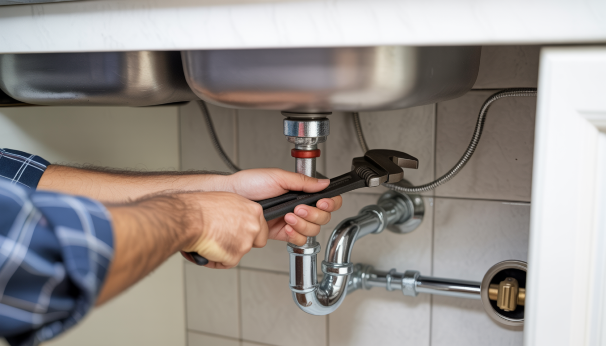 Plumber's hands using a wrench to tighten a pipe joint under a sink.