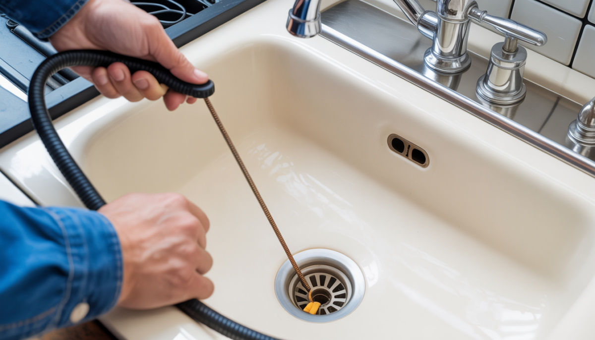 Hands of a technician using a drain snake in a kitchen sink.