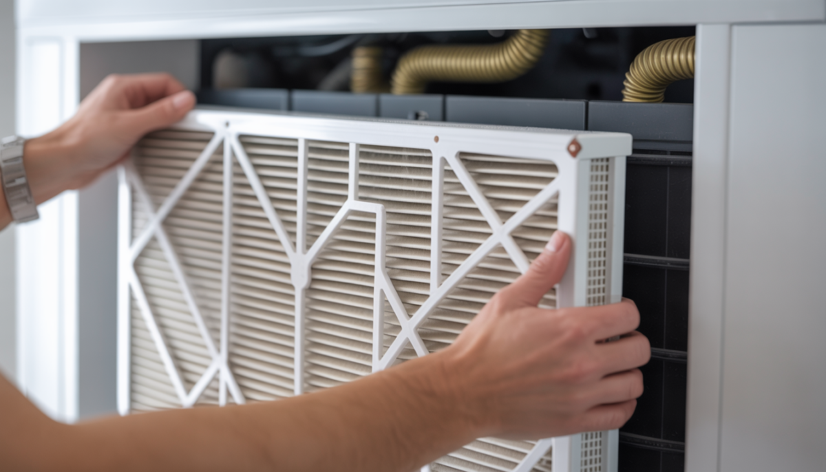 Close-up of an air filter being placed into a central HVAC system.