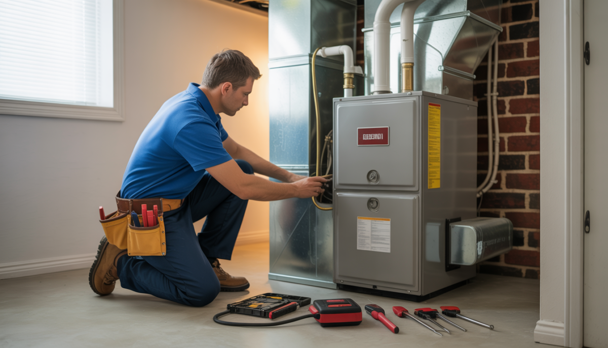 An HVAC technician inspecting a central heating furnace in a basement, surrounded by tools.