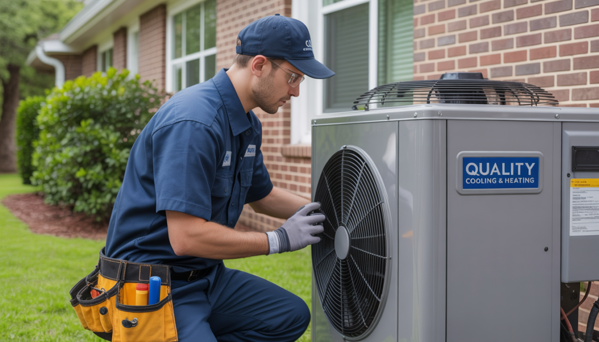 A HVAC technician working on a central HVAC unit outside a suburban home.