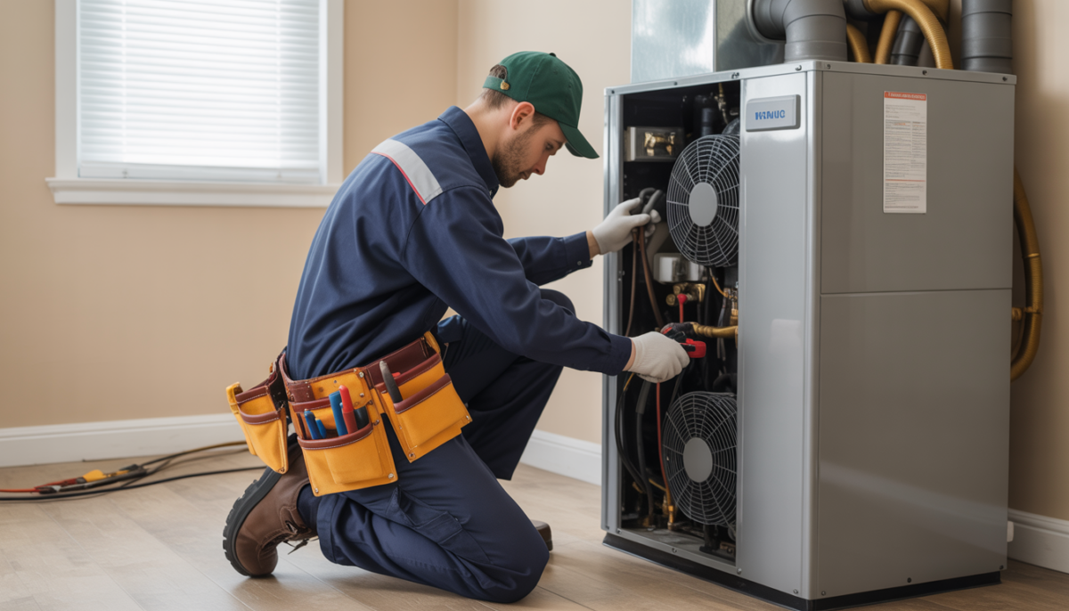 An HVAC technician working on a central heating unit with tools in a residential setting.