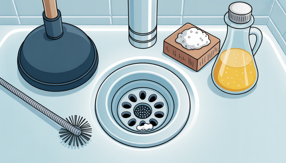 Illustration of a shower drain with clogs and tools for unclogging, set in a modern bathroom.