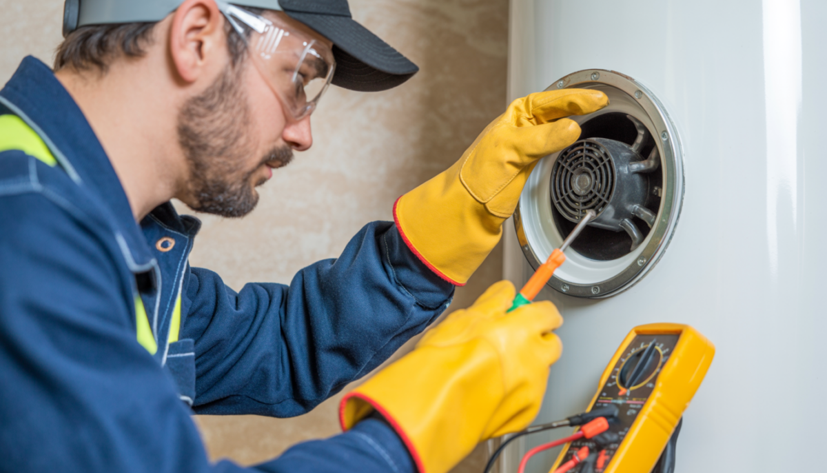HVAC technician safely replacing a water heater element with tools in a residential setting.