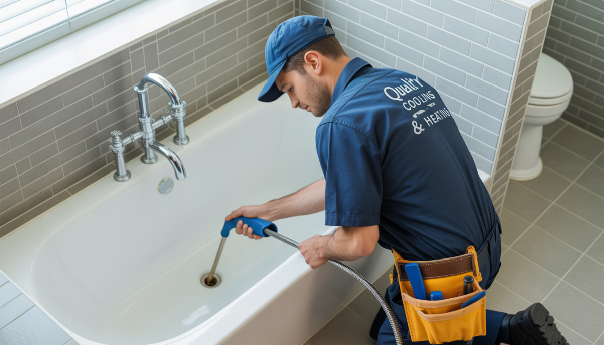 A plumber in uniform using a snake tool to clear a bathtub drain in a modern bathroom.