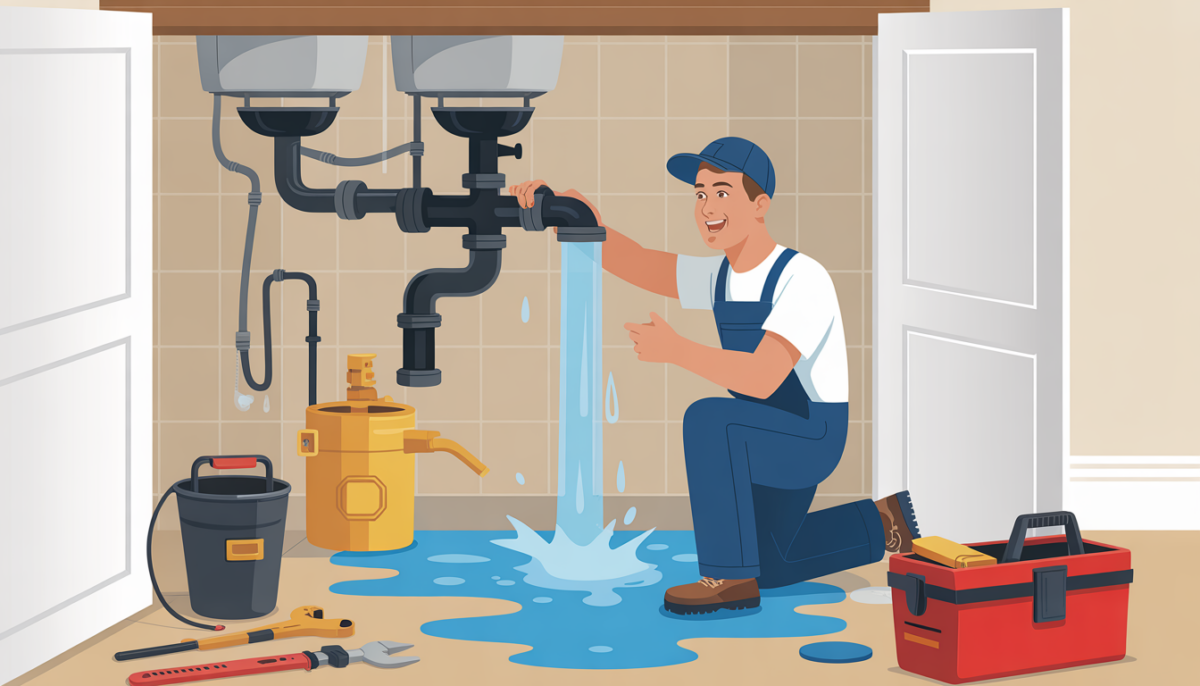 A plumber responding to a burst pipe in a basement, illustrating quick emergency plumbing service.