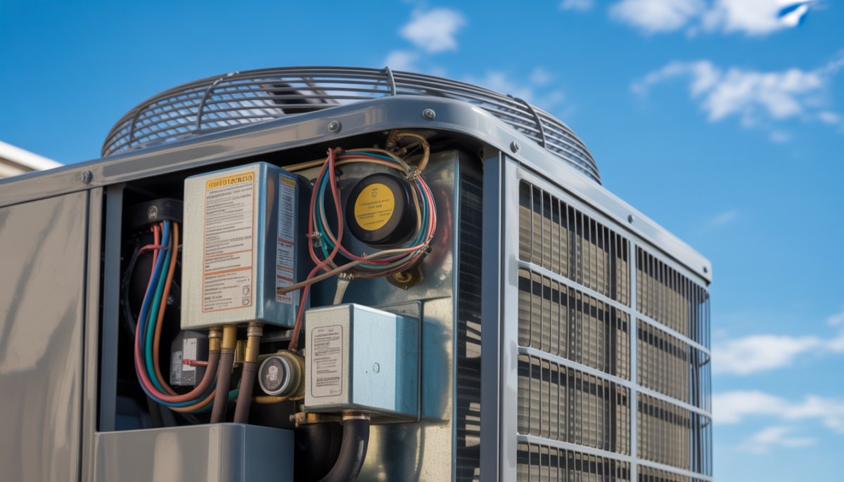 Central air conditioning unit with cover removed, revealing internal components like coils and wiring.