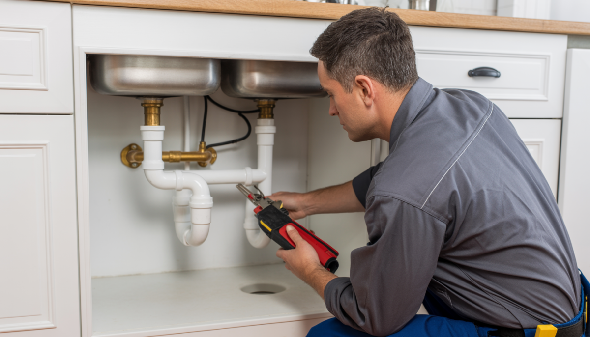 A technician checking plumbing pipes under a kitchen sink.