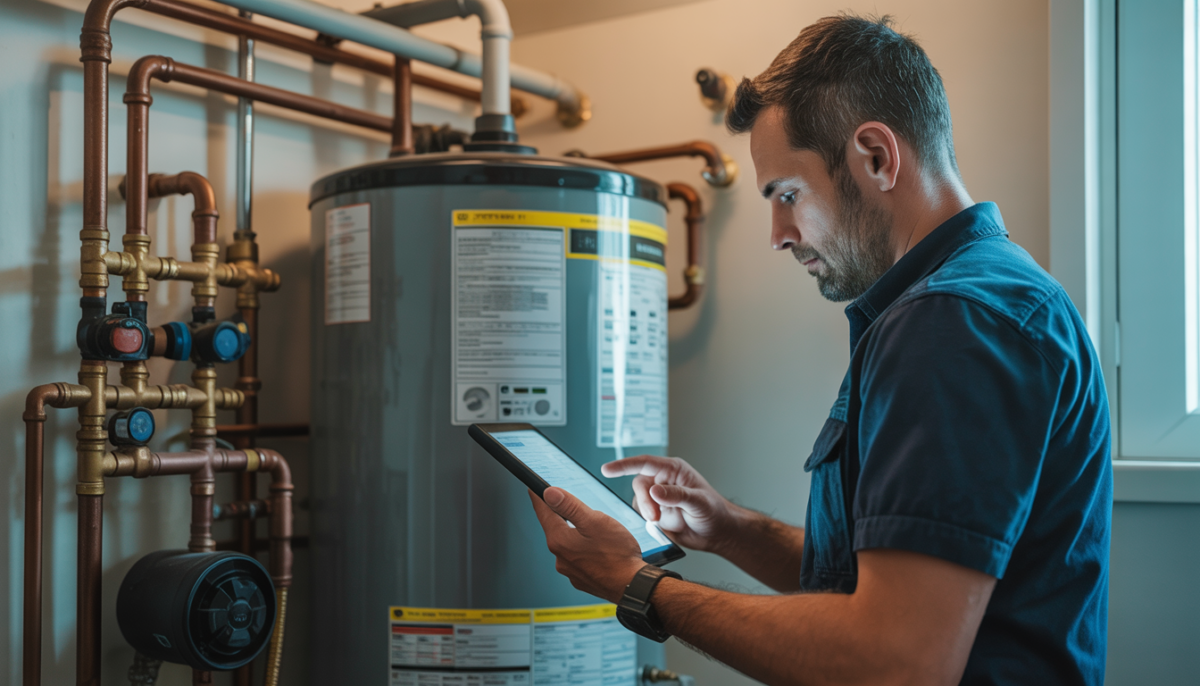 An HVAC technician examining a tank water heater in a utility room, using a tablet for diagnostics.