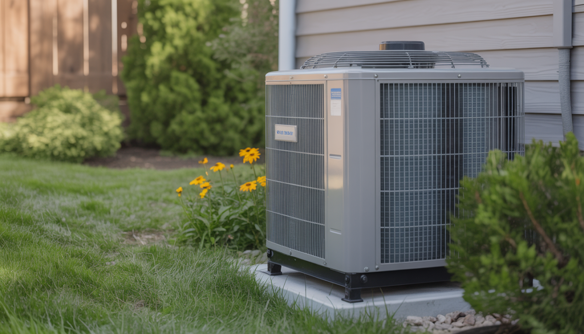 Close-up of a central HVAC unit with green grass and flowers, highlighting residential maintenance.