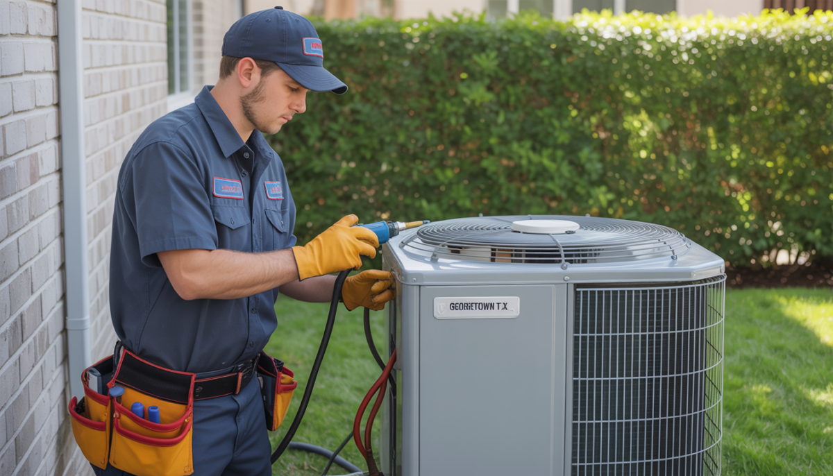 HVAC technician servicing an outdoor central unit in a suburban setting with greenery.