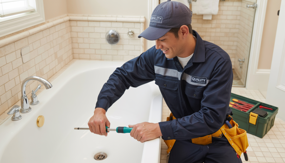 A technician in uniform working on a bathtub drain in a bright bathroom.