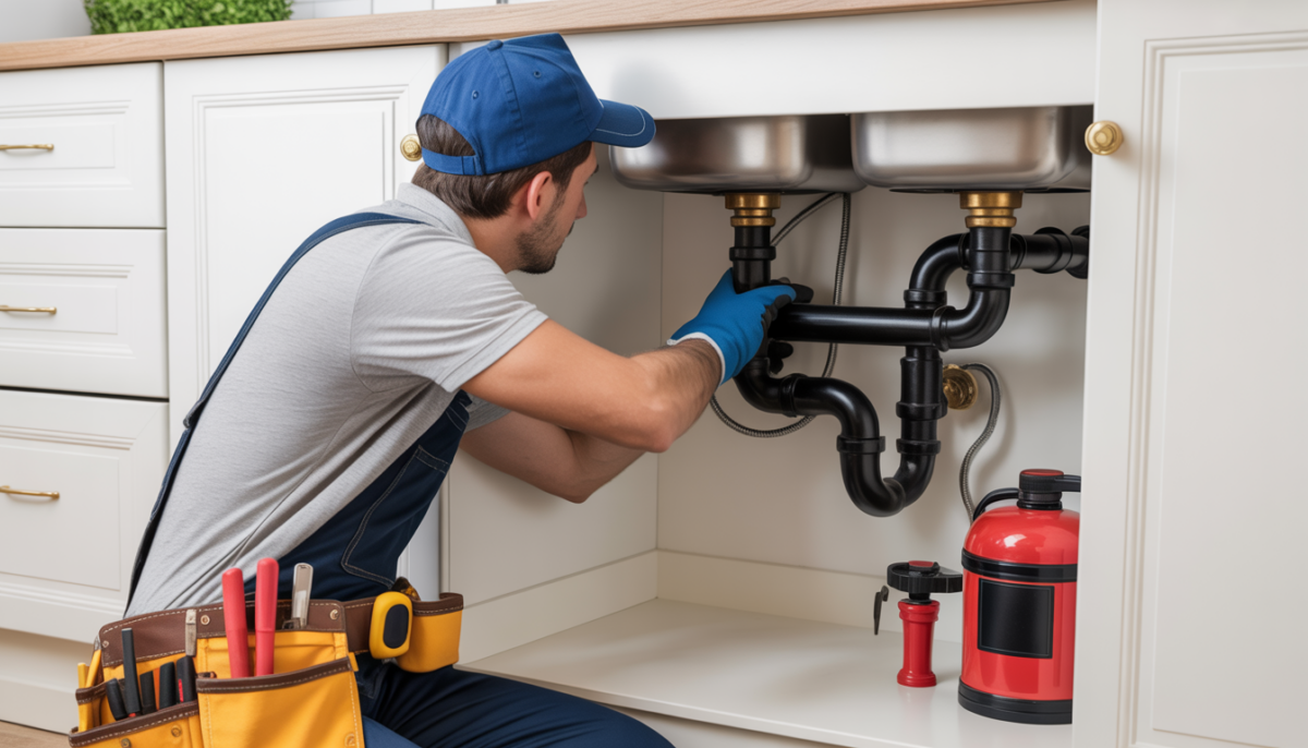 A plumber inspecting pipes under a kitchen sink with tools and safety gear.