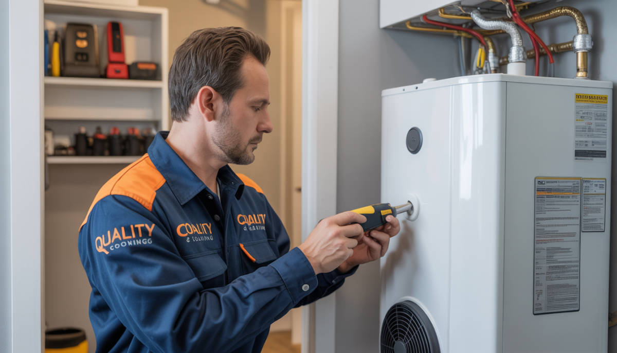 A professional HVAC technician inspecting a tankless water heater in a modern home utility room.