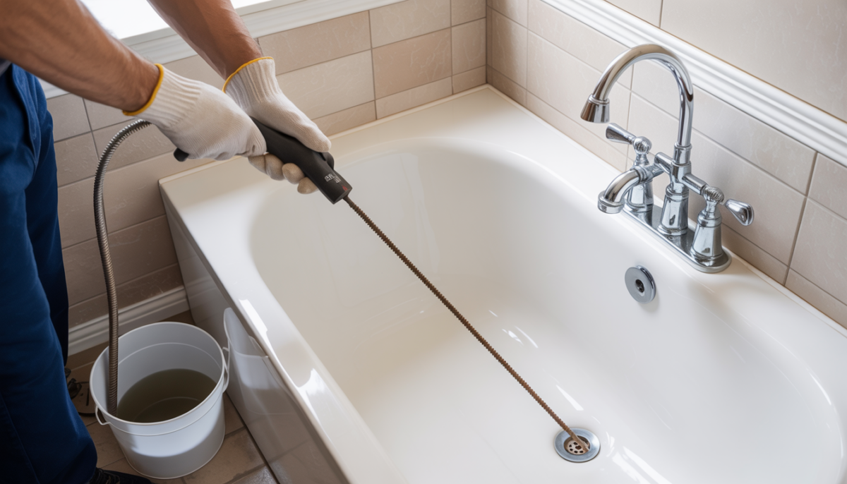 A plumber using a drain snake in a bathtub, with a bucket nearby, in a well-lit bathroom.