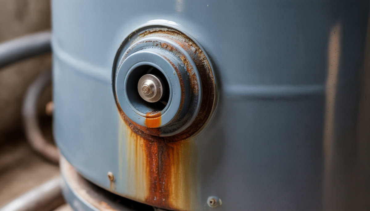 A hot water tank showing corrosion and a small leak, illustrating the effects of wear.