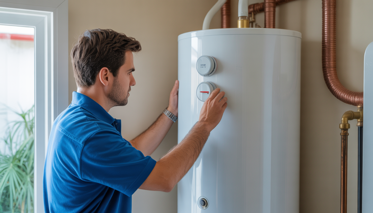 An HVAC technician adjusting a water heater thermostat in a home, ensuring safe temperature settings.