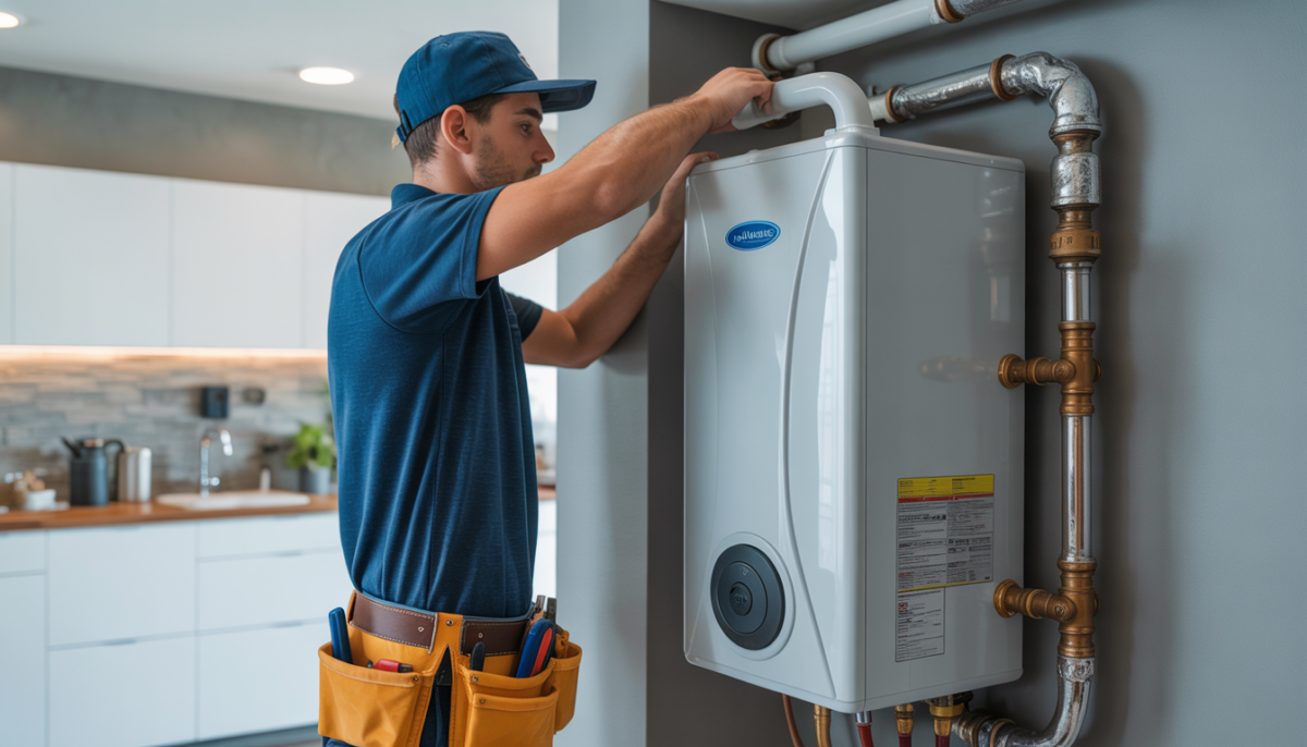 HVAC technician installing a tankless water heater in a modern home utility room.