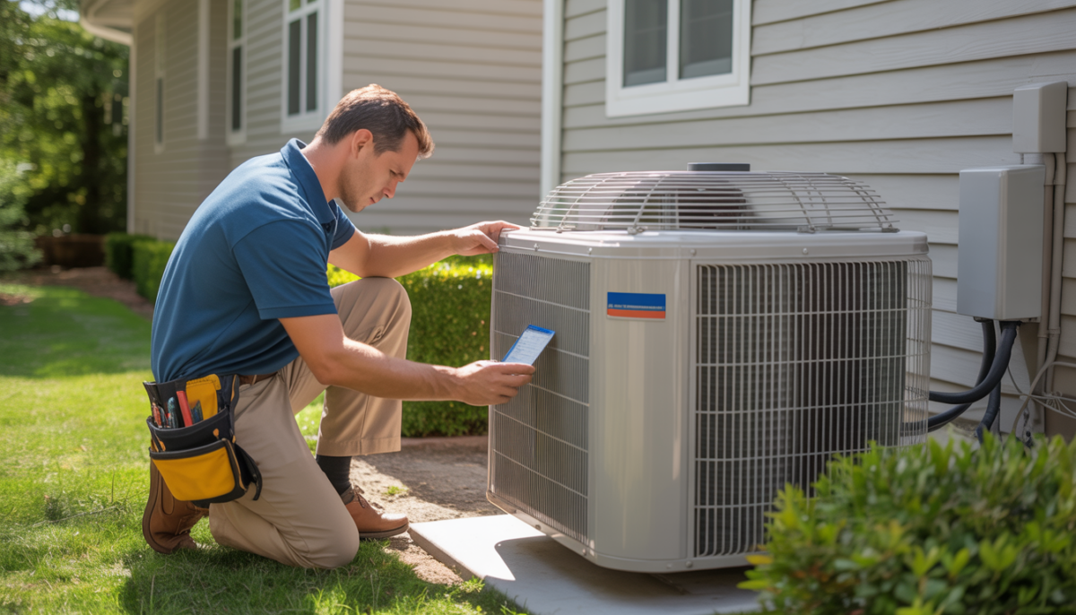 HVAC technician inspecting a central air conditioning unit outside a suburban home.