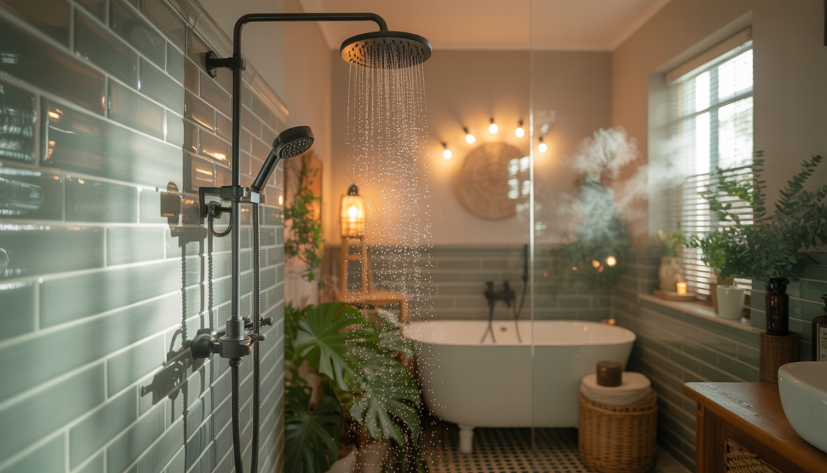 Modern bathroom with a shower, steam rising, and sunlight streaming through the window.