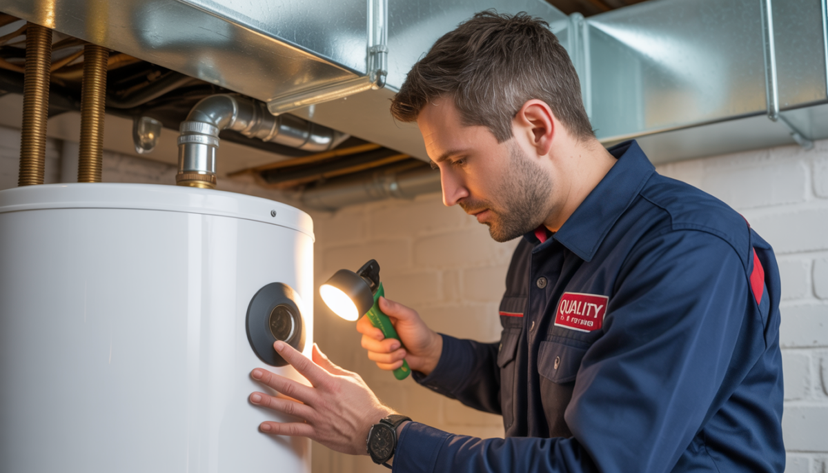 HVAC technician inspecting a hot water tank in a basement.
