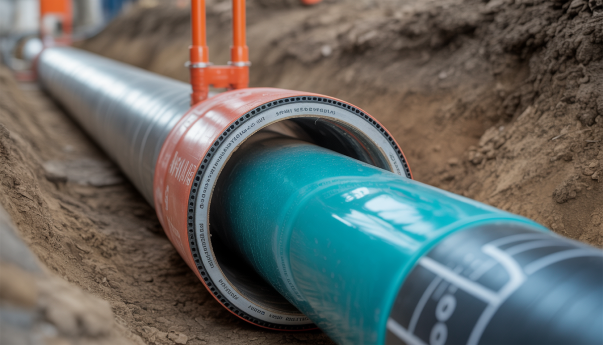 A trenchless technology operation with a resin-coated tube being inserted into a pipe, emphasizing innovation and minimal disruption.