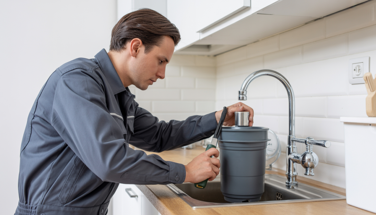 A technician fixing a garbage disposal under a kitchen sink, showcasing professional repair work.