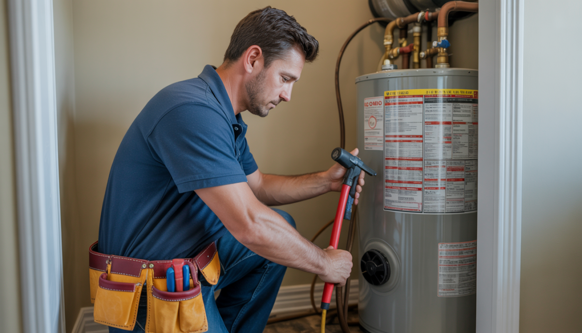 HVAC technician installing a hot water heater in a home.