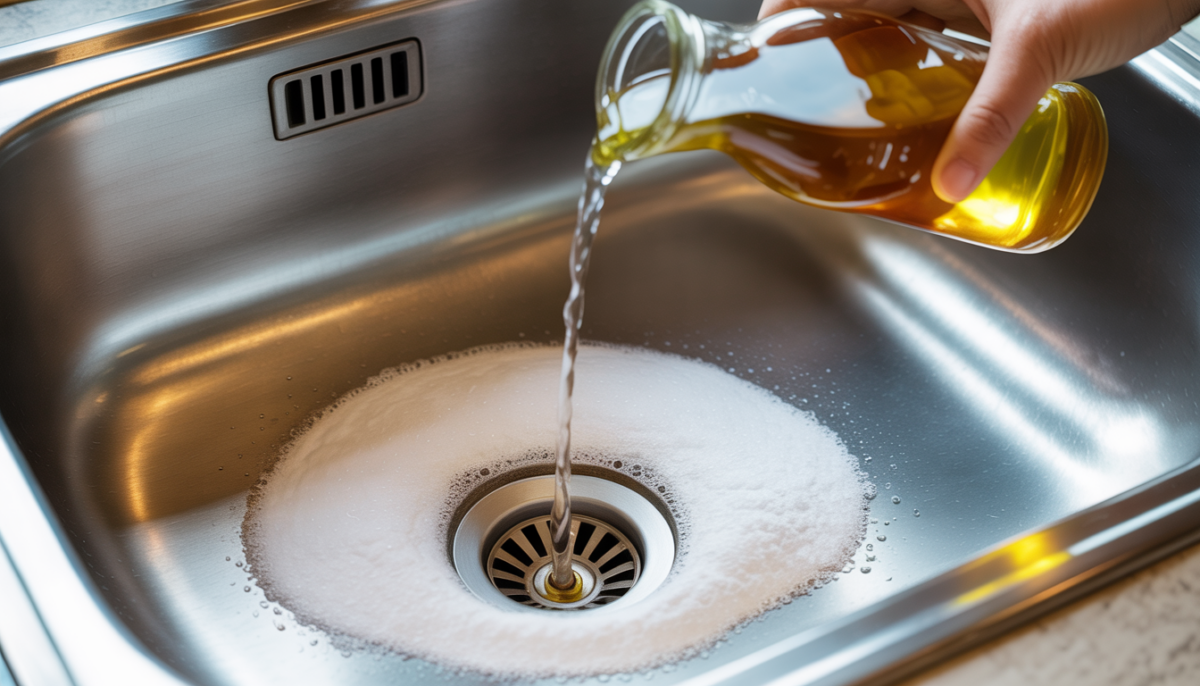 Close-up of a kitchen sink drain with fizzing bubbles from vinegar and baking soda reaction.