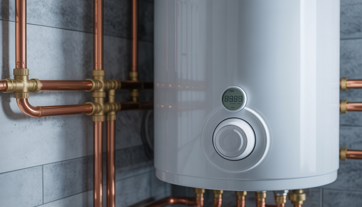 A modern water heater with visible pipes and a digital thermostat.