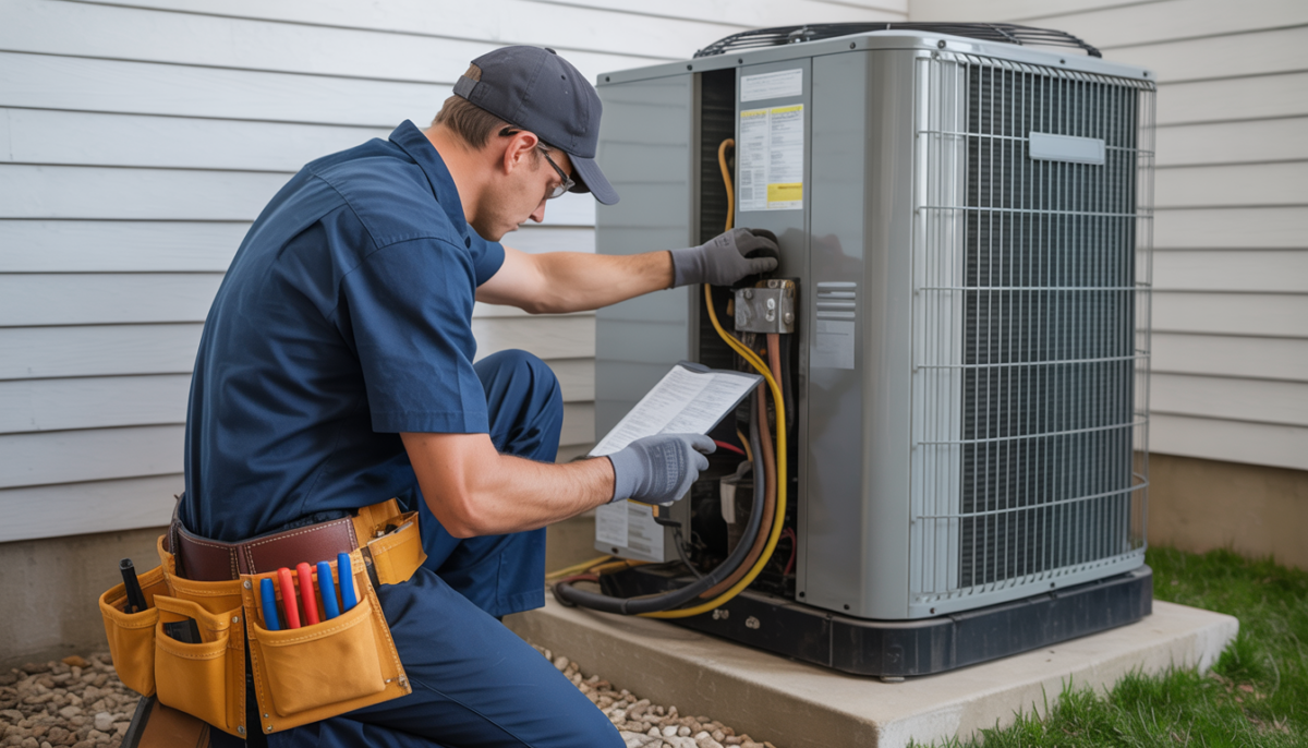 HVAC technician performing maintenance on a central air conditioning unit with tools.