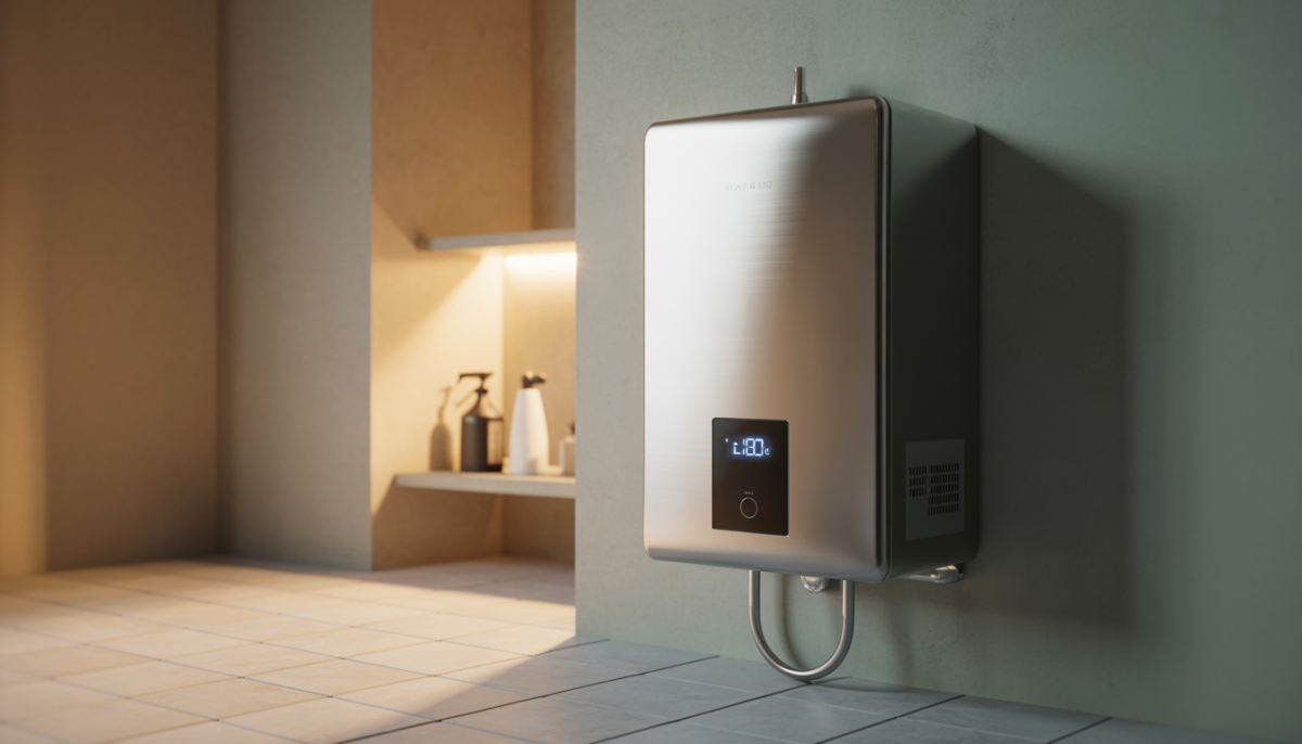 A tankless water heater installed in a small utility room.